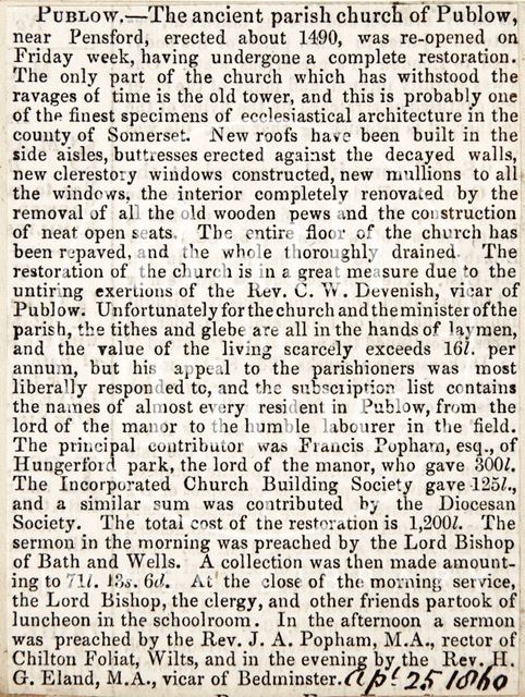 Refurbishments at Publow Church, Somerset 1860