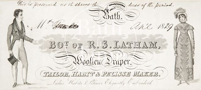 Advert for R.S. Latham Woollen, Draper Taylor, Habit Pellissie Maker, Bath 1829