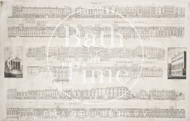 Street panoramas of Cheap Street, Westgate Street, High Street, Northgate Street and Broad Street, Bath 1840