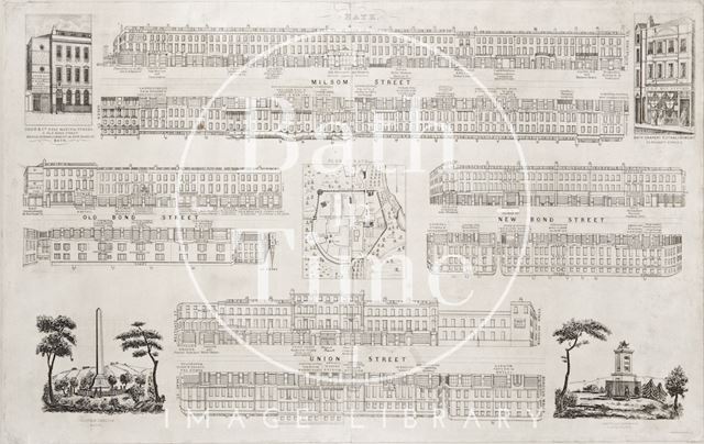 Street panoramas of Milsom Street, Old Bond Street, New Bond Street and Union Street, Bath 1840