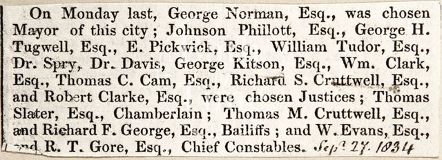 George Norman was chosen as Mayor of the city, Bath 1834