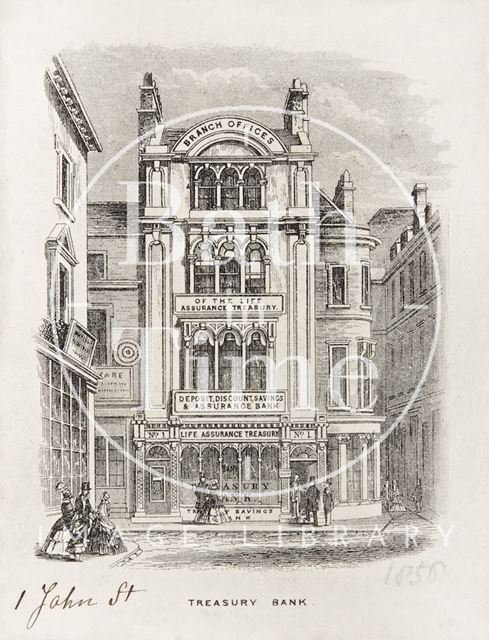 Treasure Bank, 1, John Street at corner of Quiet Street, Bath 1858