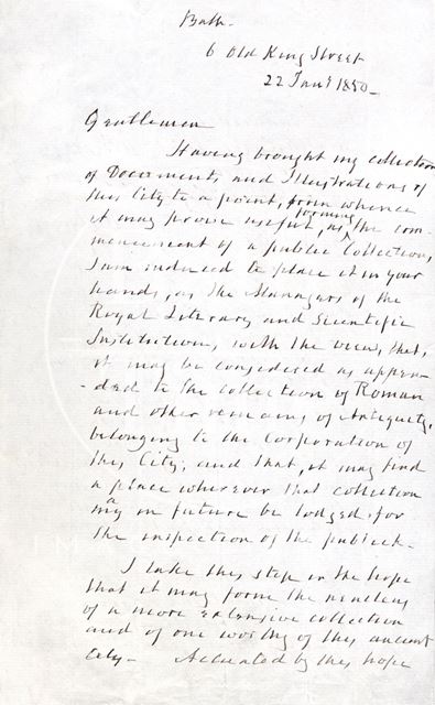 Letter from Chapman to the President of the Bath Royal Literary and Scientific Institution introducing his collection 1850