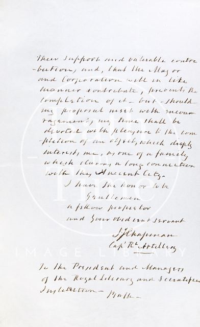 Letter from Chapman to the President of the Bath Royal Literary and Scientific Institution introducing his collection 1850