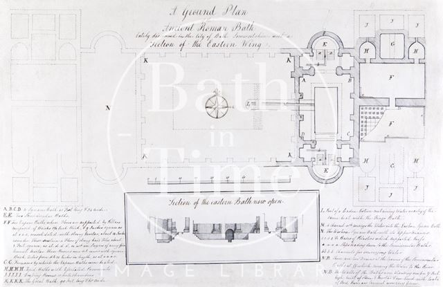 A Ground Plan of the Ancient Roman Bath lately discovered in the City of Bath, Somersetshire - with a Section of the Eastern Wing 1763