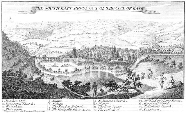 The South East Prospect of the City of Bath (on ribbon in sky) 1749