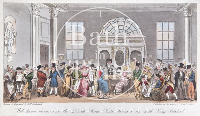 Well known Characters in the Pump Room, Bath taking a sip with King Bladud 1825