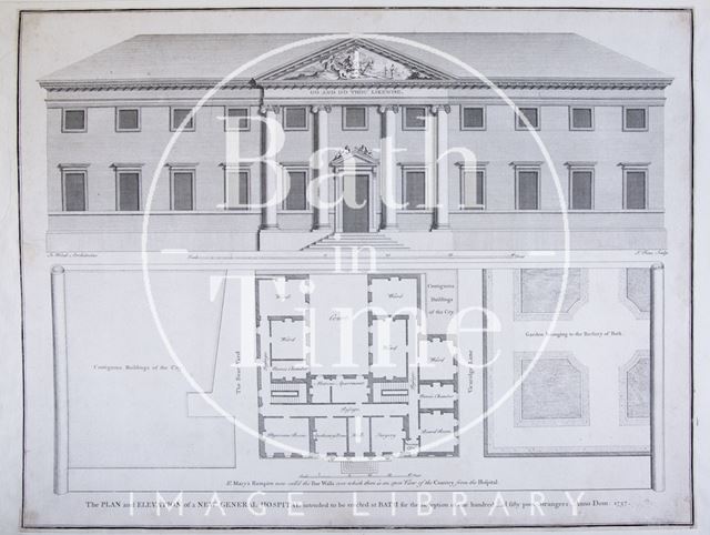 The Plan and Elevation of a New General Hospital intended to be erected at Bath for the Reception of one hundred and fifty poor Strangers. Anno Dom 1737