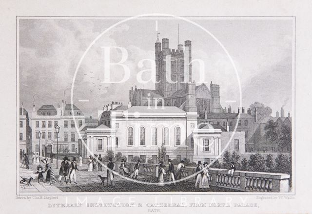 Literary Institution & Cathedral (Abbey) from North Parade, Bath 1829