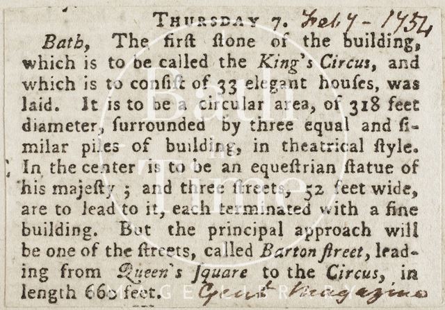 Laying of the foundation stone of The Circus, Bath 1754