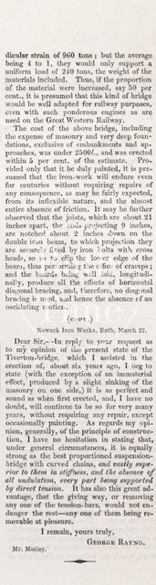 A letter from George Rayno concerning the Tiverton (Twerton) Bridge,