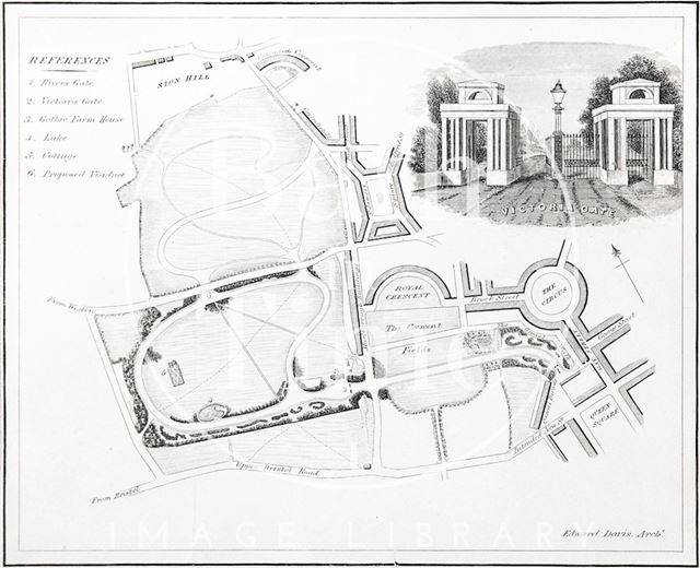 Plan of the Royal Victoria Park, Bath with detail of Victoria Gate 1837