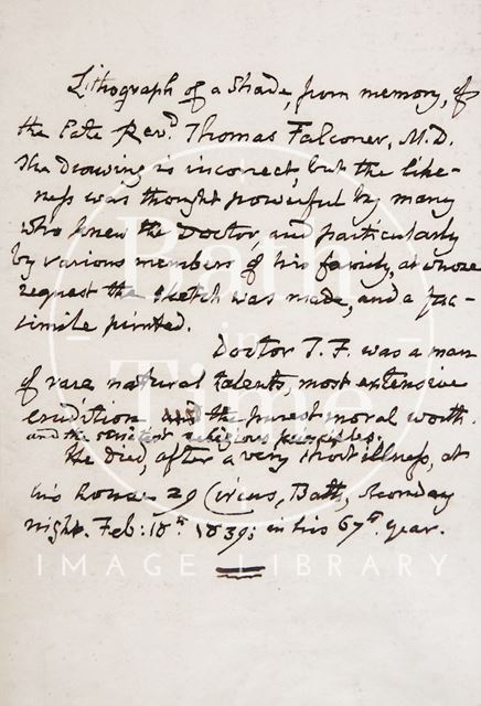 Handwritten note concerning Rev. Thomas Falconer M.D.