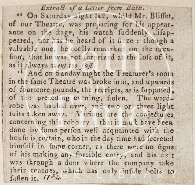 A robbery from Mr. Blisset of the Theatre at Bath 1734