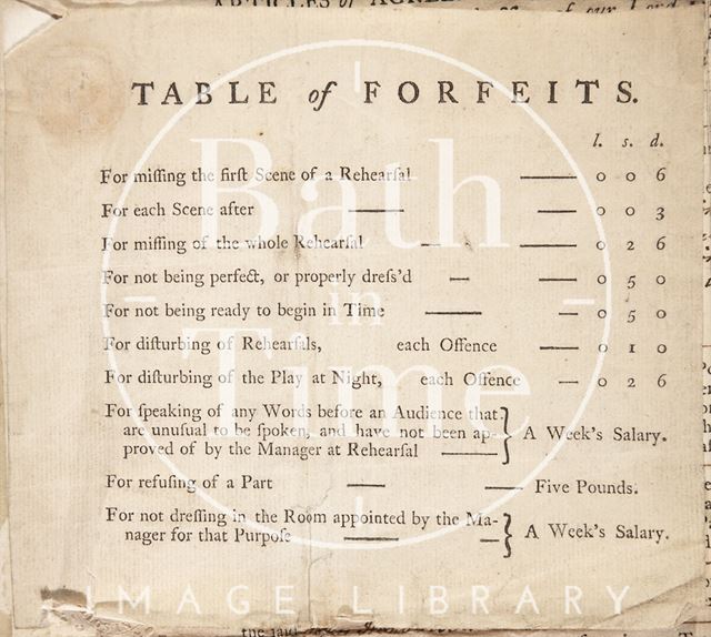 A table of forfeits for the articles of Agreement Between John Palmer and John Henderson (comedian) 1774