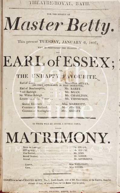 Poster for the Theatre Royal Bath for 'The Earl of Essex' featuring Master Betty 1807