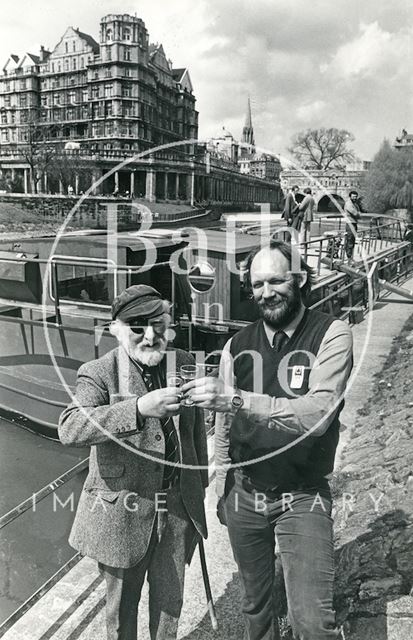 Sir John Knill and Kevin Gate toast the Kennet and Avon Canal, Bath 1983