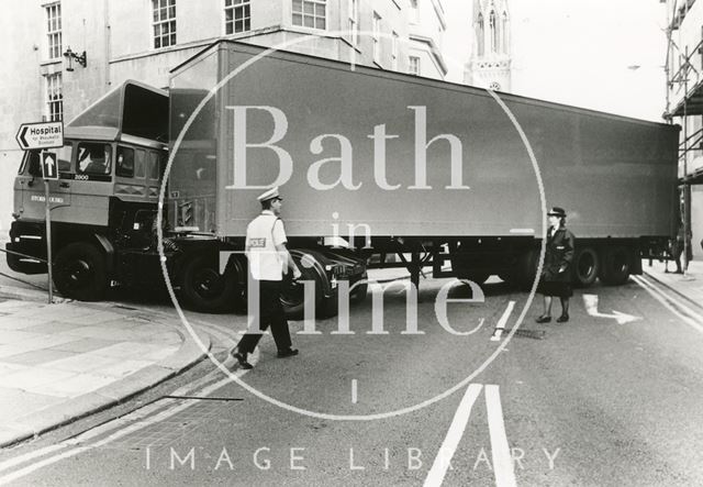 An articulated lorry getting stuck trying to turn into Upper Borough Walls from Northgate Street, Bath 1989