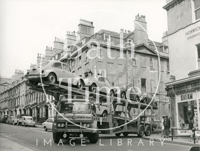 A car transporter turning into Gay Street from George Street, Bath c.1970