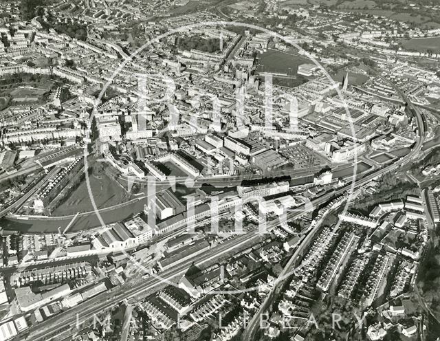 Aerial view of the Newark Works and city centre of Bath c.1982