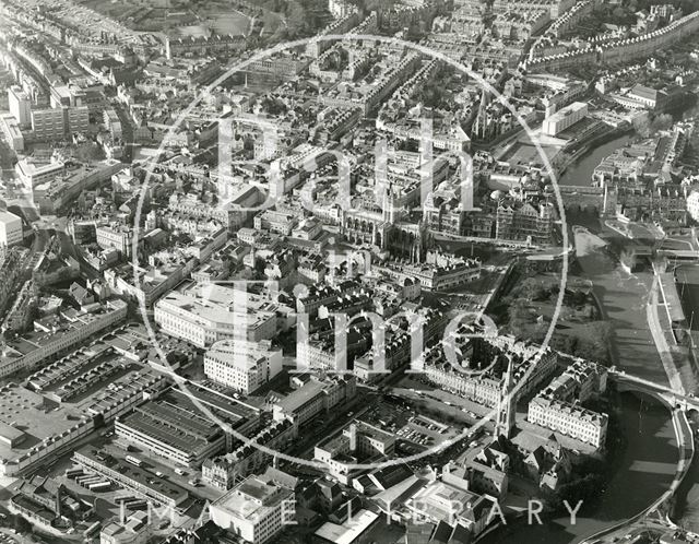 Aerial view of Bath looking over Ham Gardens Car Park towards Bath Abbey c.1982