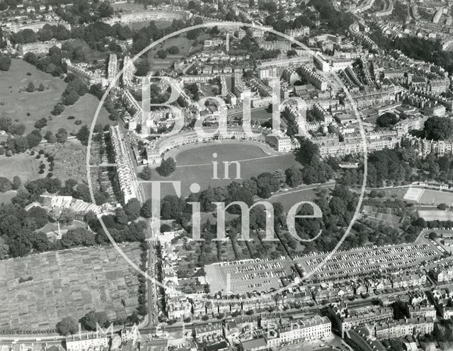 Aerial view of Royal Crescent and Charlotte Street Car Park, Bath 1971