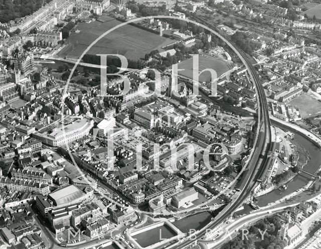 Aerial view of the majestic sweep of Brunel's Great Western Railway in Bath 1971