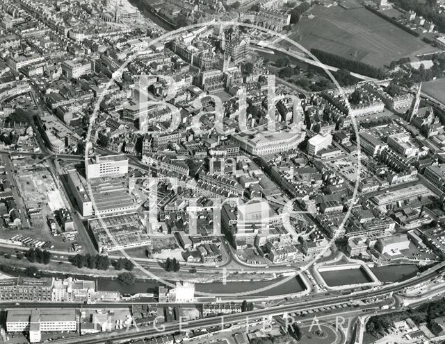 Aerial view of the River Avon, Newark works and Southgate area of Bath 1971