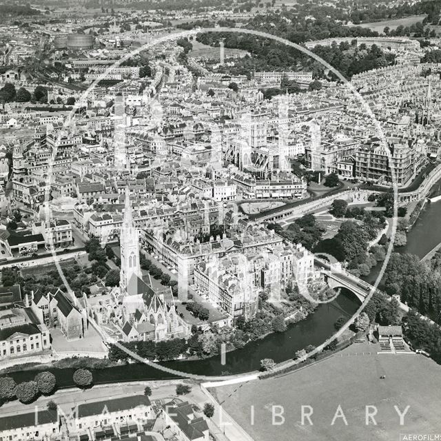 Aerial view of Bath looking over the cricket ground towards Bath Abbey 1946