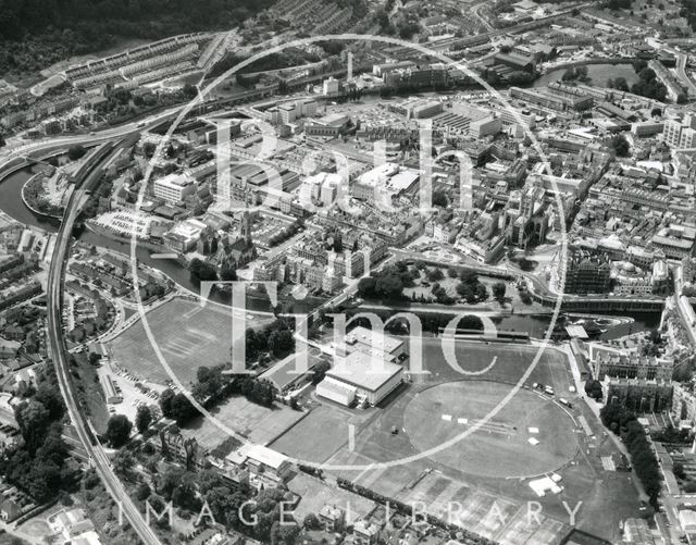 Aerial view of the Recreation Ground and Great Western Railway, Bath 1976