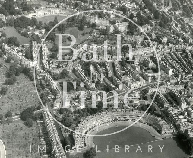 Aerial view of Royal Crescent, St. James's Square and Lansdown Crescent, Bath c.1965