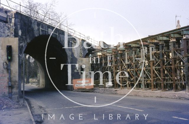 The demolition of the original railway bridge on Pulteney Road, Bath 1975