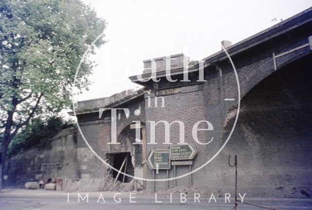 The demolition of the original railway bridge on Pulteney Road, Bath 1975