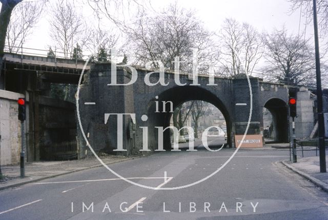 The demolition of the original railway bridge on Pulteney Road, Bath 1975