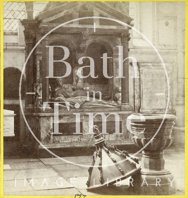 The font and Lady Waller's Monument, Bath Abbey c.1870