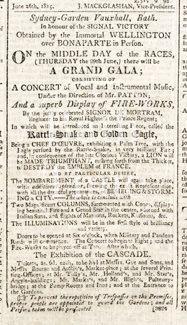 Advertisement for a grand Gala in Sydney Gardens, Bath 1815