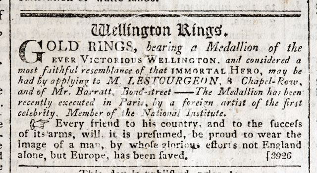 Advertisement for Wellington's Rings, Bath 1815