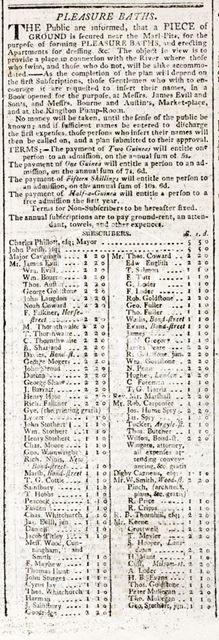 Advertisement for subscribers for Pleasure Baths, Bath 1815