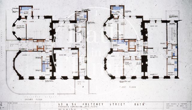 Architect's drawings for the conversion of 53 & 54, Pulteney Street into flats, Bath c.1957?