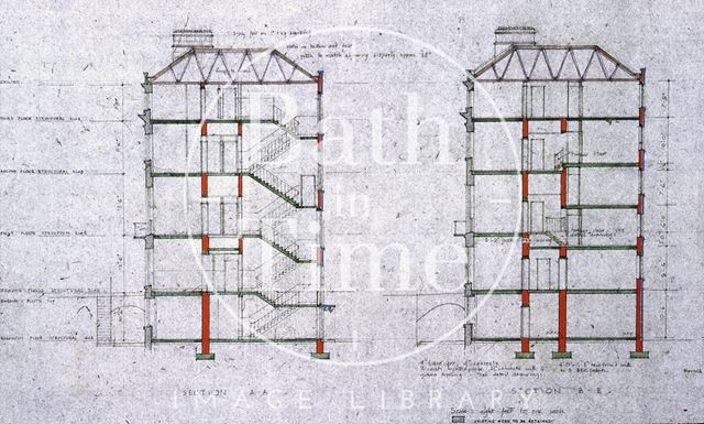 Architect's drawing for the construction of Norfolk House, 1 to 7, Norfolk Crescent, Bath 1957