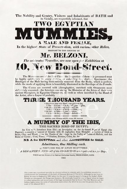 Poster for Two Egyptian Mummies and other Relics at 10, New Bond Street, Bath 1842
