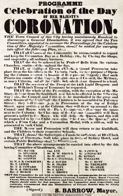 Programme for the Celebration of Queen Victoria's Coronation, Bath 1838