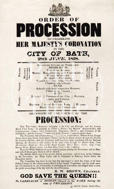 Order of Procession to celebrate Queen Victoria's Coronation, Bath 1838