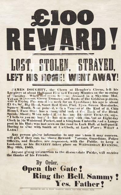 Poster Advertising a Benefit for Clown James Doughty, Hengler's Circus in the Style of a Missing Person Poster 1865