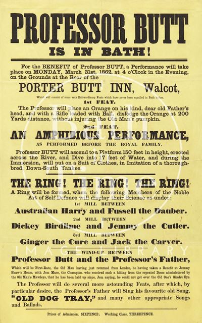 Poster Advertising the Performance of Professor Butt's Extraordinary Feats at the Porter Butt Inn, Walcot, Bath 1862