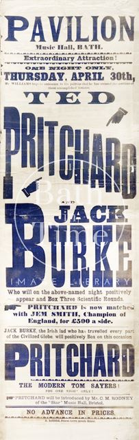 Poster Advertising a Boxing Match Between Ted Pritchard and Jack Burke at the Pavilion Music Hall, Bath 1891