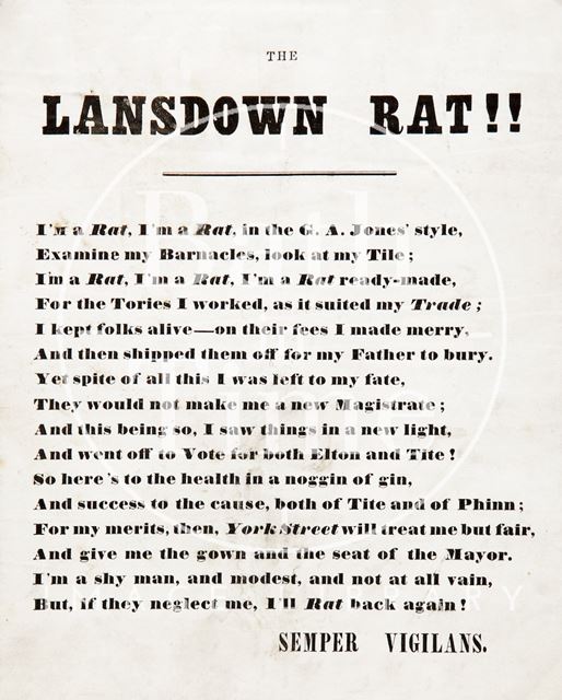 The Lansdown Rat - Satirical Poem From Liberal Party H.Q., Bath c.1859