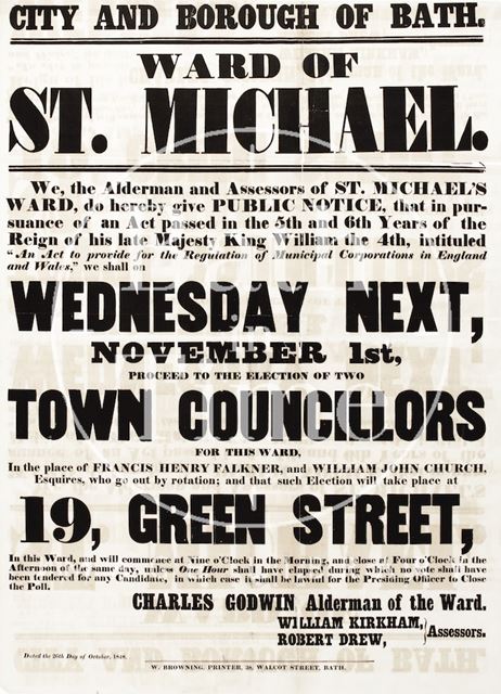 Public Notice Election Poster for the Ward of St. Michael, Bath 1848