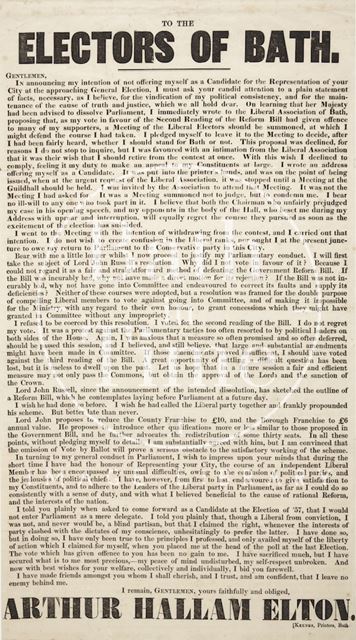 Notice By Arthur Hallam Elton, to the Electors of Bath, Not to Run for Re-election c.1859