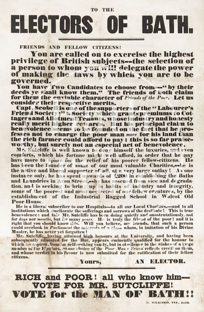 Election Poster, to the Electors of Bath, in Favour of Mr. Sutcliffe 1851